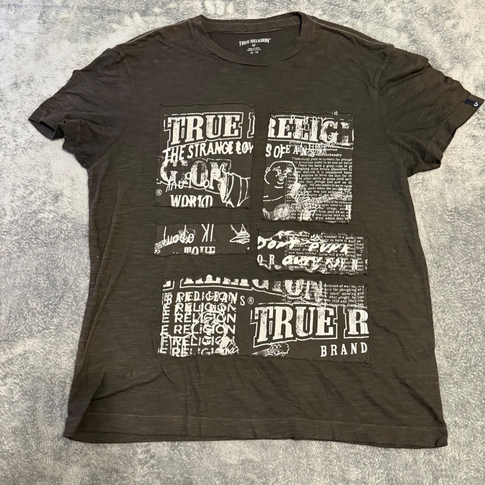 True‎ Religion Men XL Graphic Print Cut Up Buddha Tee Shirt Charcoal Gray